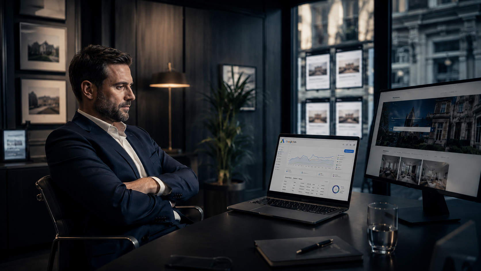 Estate agent reviewing Google Ads performance metrics and budget allocation
