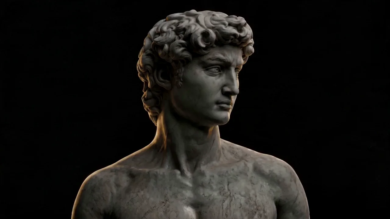 A marble statue of David that cracks open to reveal a modern estate agent