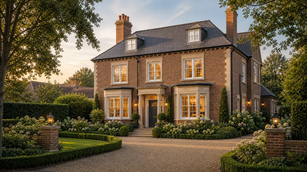 Country house set back behind mature gardens